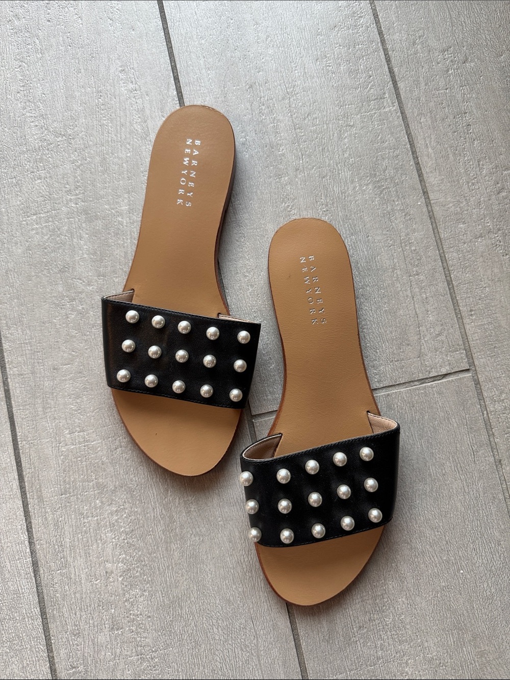 Barneys New York Black Pearl-Accent Slide Sandals